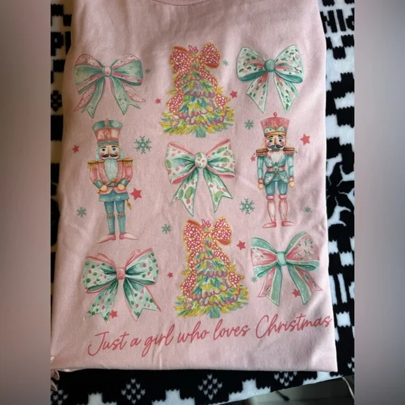Gildan Pink Long Sleeve Tee with Festive Print - Picture 1 of 3